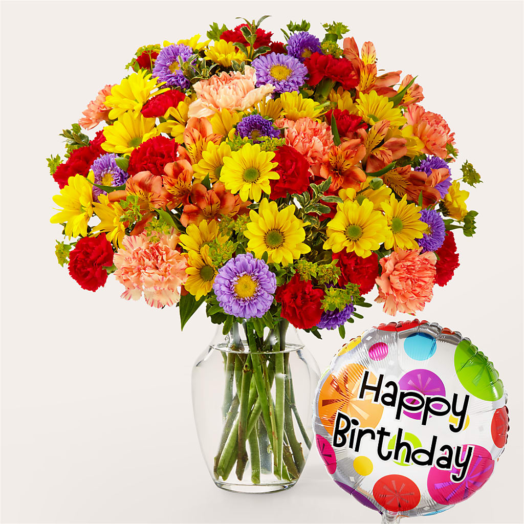 Kaleidoscope Bouquet with Birthday Balloon – Blooms And Gifts, Concord CA