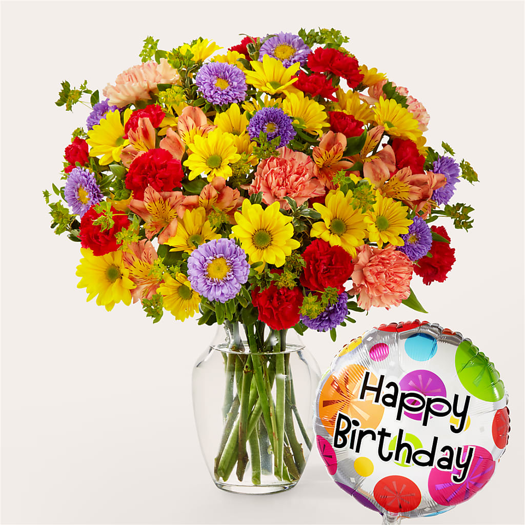 Kaleidoscope Bouquet with Birthday Balloon – Blooms And Gifts, Concord CA