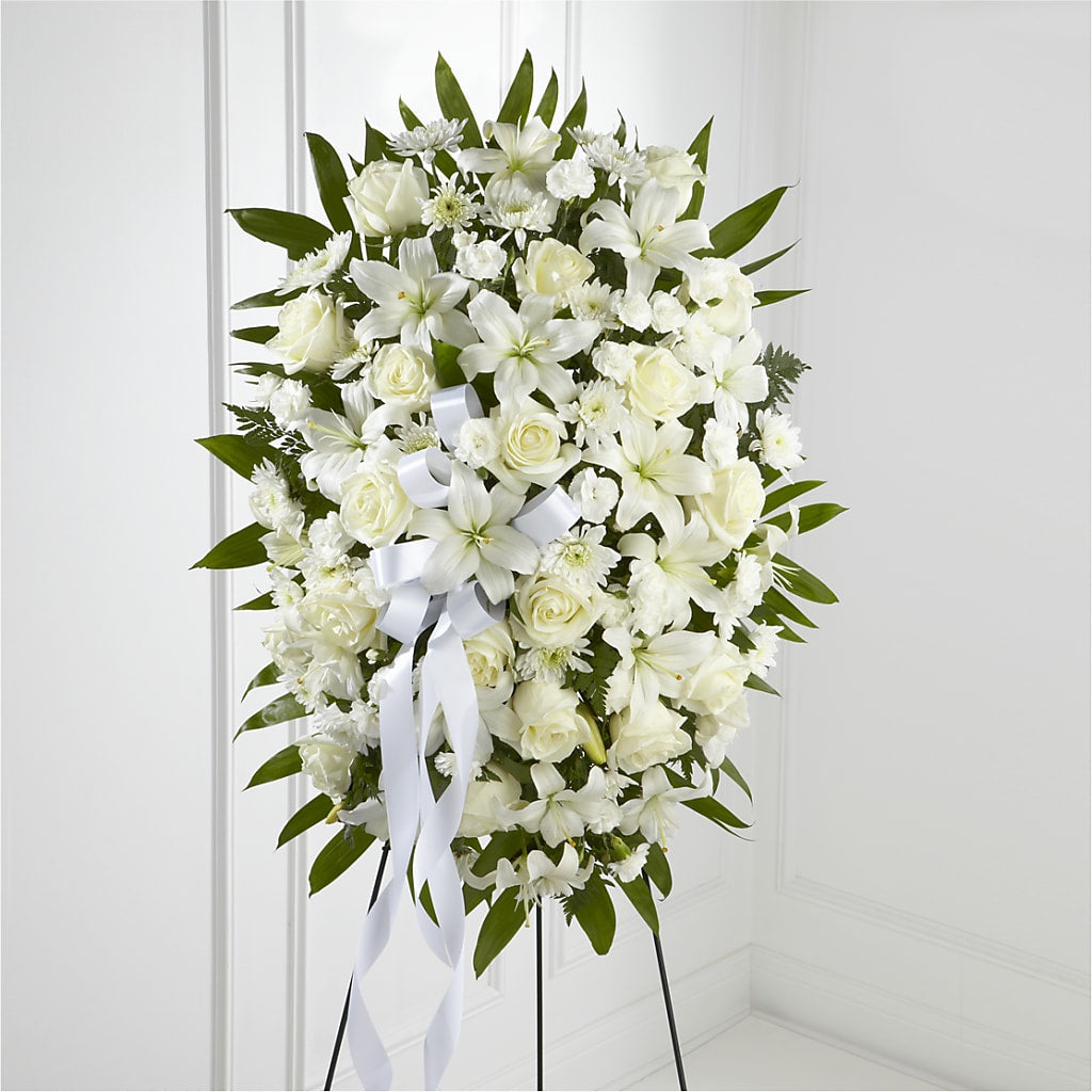 Exquisite Tribute Standing Spray-White Ribbon – Blooms And Gifts, Concord CA