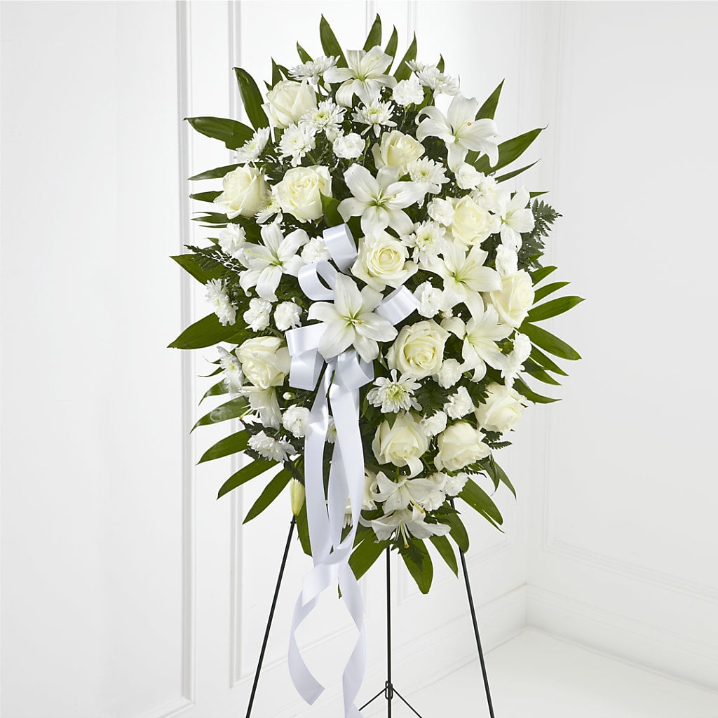 Exquisite Tribute Standing Spray-White Ribbon – Blooms And Gifts, Concord CA